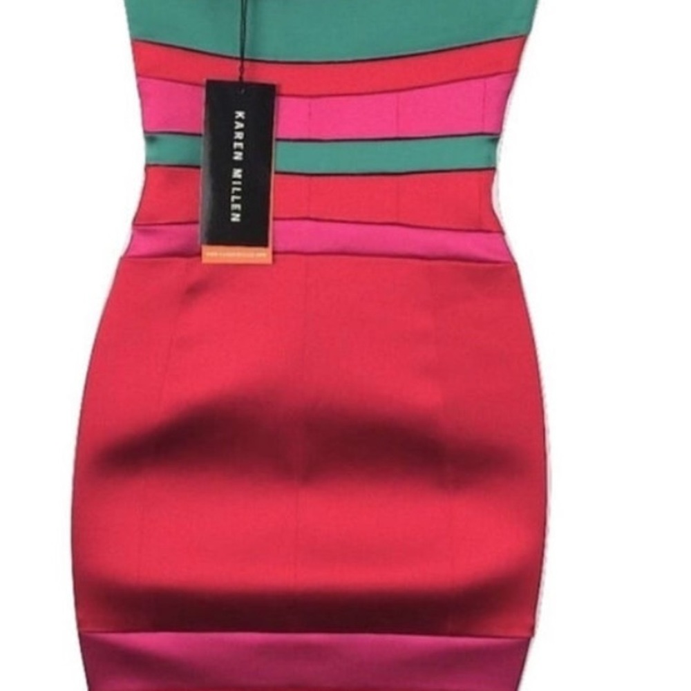 Karen Millen Elegant Pink and Green Colorblock Dress - Picture 2 of 4
